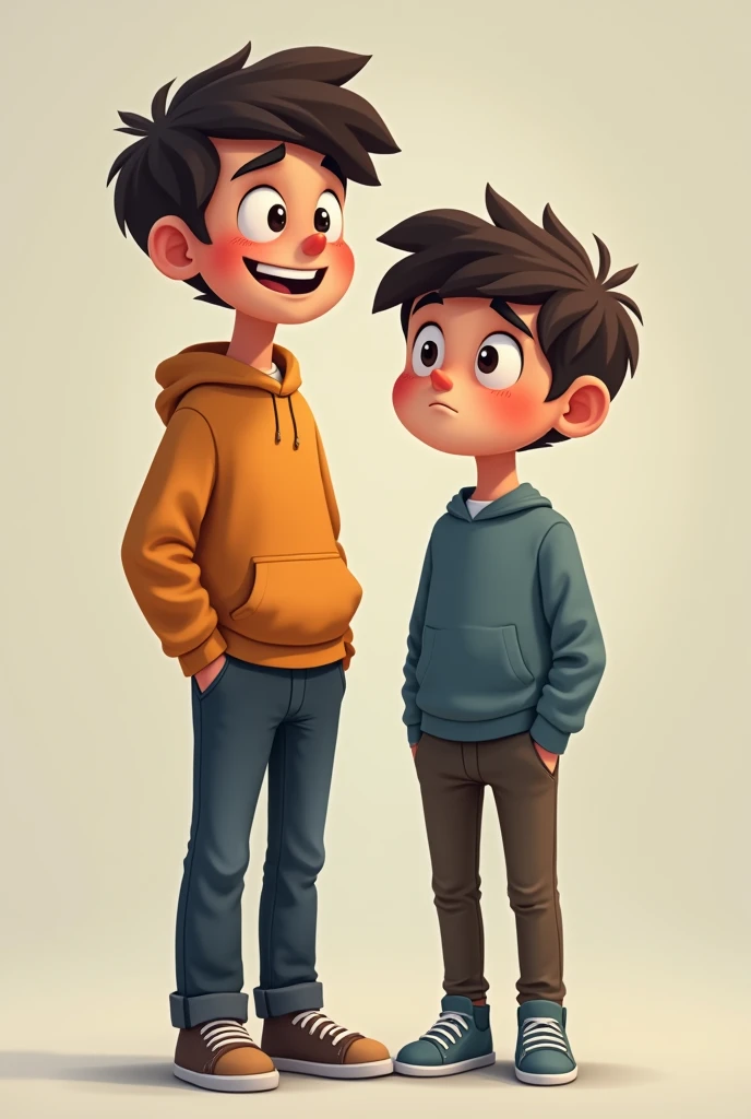 Create a picture of a happy tall boy, and a sad short boy with depression 