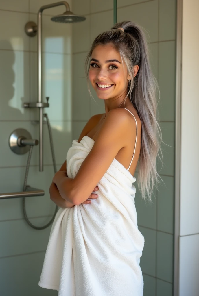 A beautiful youthful looking American version of a gray haired Ariana Grande as a 50 years old woman with long gray  hair her completely gray hair in a ponytail hairstyle as a retired superhero wearing a Cotton bath towel wrapped around her body after showering standing next to a shower she is smiling for the camera