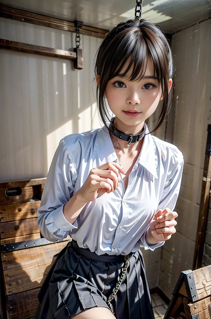 Browsing Caution,(最high quality:1.2), 32k HDR, High resolution,(Japanese women),(Transparent white skin)、Dynamic pose,Long shot of a beautiful dark-haired girl, torture, A room in a love hotel,(Short tight skirt:1.3,Checked Skirt), (Put on a shirt:1.3), Beautifully illuminated, basement , Dramatic composition, epic scale, sense of awe, 超High resolution.Realistic:.1.4, (High resolutionの肌:1.2), 8k is, Digital single-lens reflex camera, high quality, Film Grain, Fujifilm XT3,(Riding a wooden horse:1.2,Straddling a wooden horse:1.2),(Nose hook:1.2),(The body is constrained with rope:1.2),(Collar can be attached with a chain:1.4),(Both hands are tied to the ceiling with rocks:1.4),Maid, Maid headdress, Maid apron, victorian Maid, Maid dress,, mksks style, Beautiful background, Detailed Background, professional lightning, building, indoor, From Kane ornament, From Kane, From Kane effects,Tied up with rope,Bondage,constrained,Round 1,rock,Full Body ,((Round 1 with lead)),(A girl tied to rock),Women in ecstasy,climax,Acme,