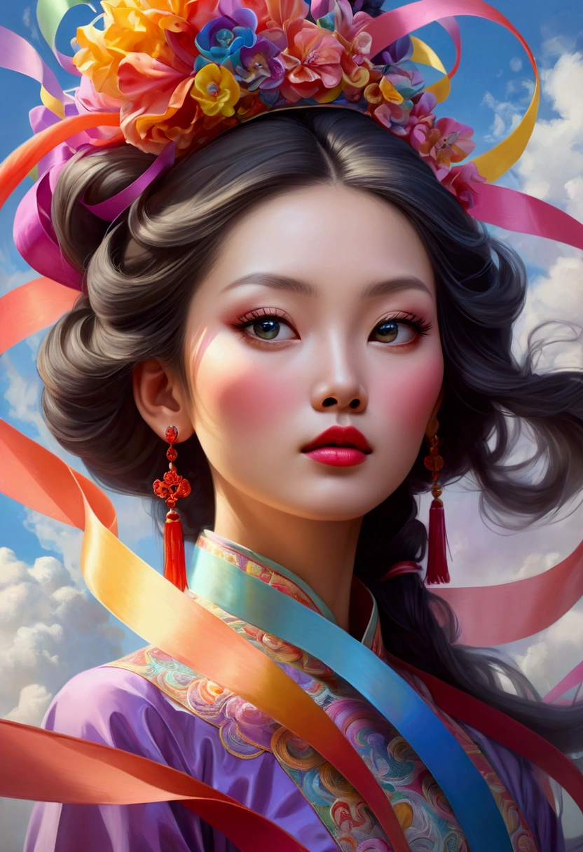 Chinese woman, Closeup of face, towering female figure made of ribbons, smoke, in the sky, colorful and bright, mystical colors, modern impressionism, return Yanjun Cheng, iridescent paint, 3/4 Perspective view, beautiful face, low angle, wide swirling composition, big beautiful glass eyes., large iris, HD, HdR, 8k, (masterpiece: 1. 5), (the most beautiful portrait in the world.: 1.5)