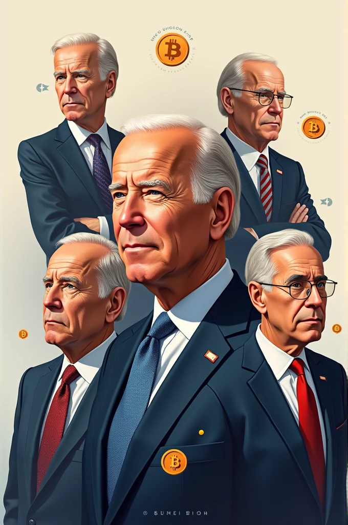 Portraits of President Biden and senior officials with cryptocurrency symbol（Bitcoin、Ethereum etc.）Illustration combining