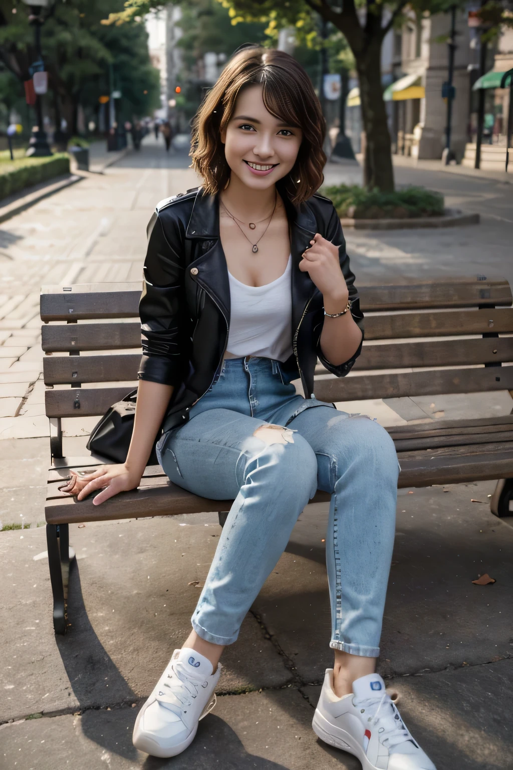 High resolution, 8k wallpaper, Beautiful Caucasian Woman、Full body photo、,Leather jacket sitting on a park bench、shirt、Skinny jeans、sneakers、、Necklace around the neck、 bionde 、Short Haircut、Wavy Hair、ear piercing、smile、Beautiful teeth alignment、
