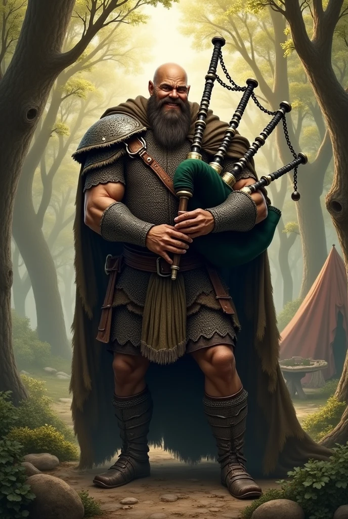 create a strong man, tall, bald, medium beard, 25 years old, 2.20 meters tall, wearing chain mail, playing bagpipes in the forest during the evening near his tent. he looks happy.