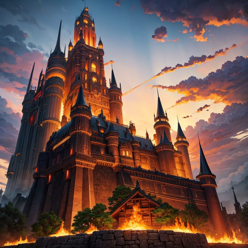 Giant castle with a tower in dieselpunk style, a castle made of metal in a Japanese and German style and the castle is gigantic in a volcanic land with fire,magma voncanes 