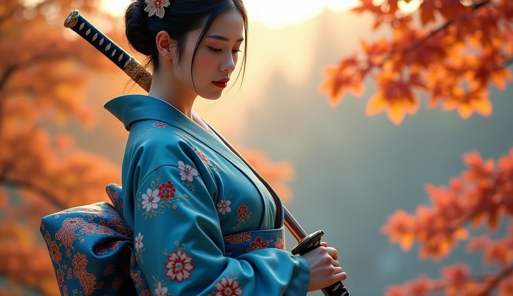 beautiful japanese woman with big breasts in revealing blue kimono and katana, осень