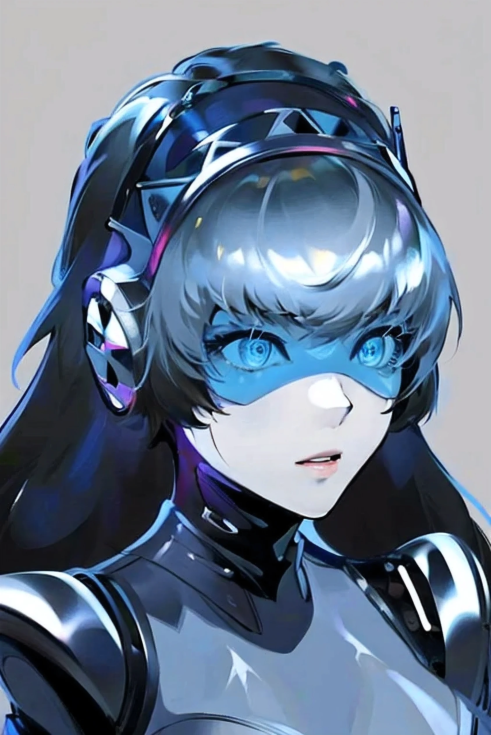 empty eyes,robotized woman ,big bust,Robot Joint ,Metal skin,Black Suit,long hair,a suit that covers the whole body,aegis(persona3)