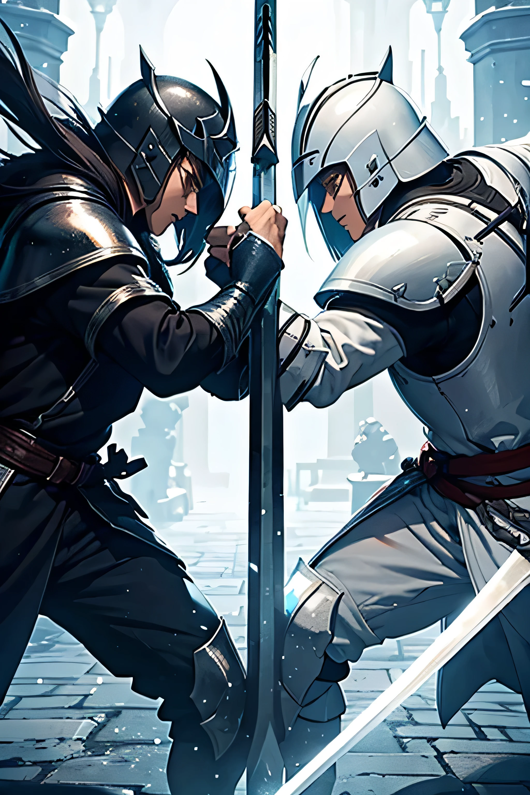2 knights clashing swords in a duel, one in white armor and the other in black armor