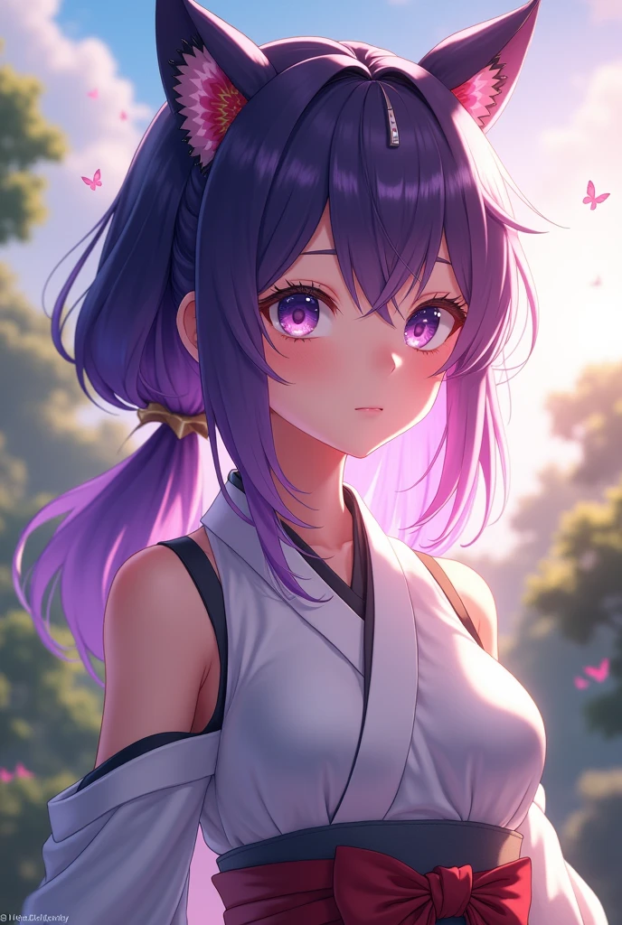 Ultra-realistic 8k CG,masterpiece,((Ultra detailed backgrounds,delicate patterns,complicated details)),The best quality at the best.,very very very detailed face,very detailed eyes and faces,very detailed eyes,Kochou Shinobu,The multicolored hair,no bangs,hair intakes,purple eye,Haori,butterflies,pull de obi,(tropical garden:1.2),flor Purpura,mostly cloudy sky,Sun rays,Tyndall effect,gradient_sky,face,beautiful sky,Sable in the waist,captivating posture,(big breasts:1.3),(neckline:1.3),(Off the shoulder clothing:1.6)