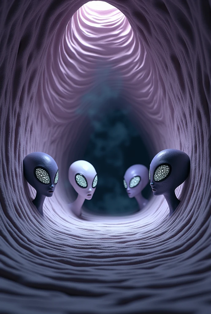 Photorealistic DMT psychedelic hallucination experience in tunnel made of thin modular layers, going in cone shape to a dark mist in the center of void made of dark mist, the layer have a ondulated edges, all the layers have light purple tones in the edge of the layer, and in the interior of layer dark gray tones, the layers have a little scales texture, out from the tunnel 3 big shadows of alien heads with black skin, the alien entities have big almond shaped eyes, their eyes have a white outline with strange design, their eyes are black inside, only can see the top half of the alien heads, all the atmosphere is envolved in light dreamy mist