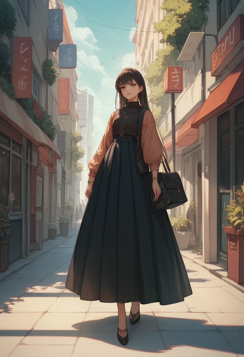 Girl, wearing black long skirt , skirt is very long ,long dress ,volume skirt,street,standing ,anime,full body
