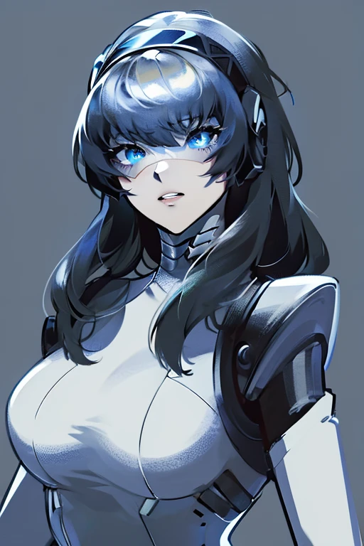 empty eyes,robotized woman ,big bust,Robot Joint ,Metal skin,Black Suit,long hair,a suit that covers the whole body,aegis(persona3)