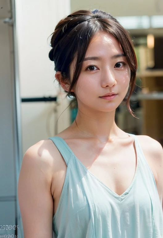 (Photograph from head to chest:2.0),A look of contempt:1.0, ((Extremely precise and accurate anatomy:1.1)), (photo realistic:1.4), (Hyper realistic:1.4), (Highest quality realistic skin textures:1.4), (Improvement of quality:1.4), (Enhances the beauty of skin texture:1.1), Clean and shiny,Small breasts、Lift your chin a little、 A thin, skin-tight tank top:1.5, (Soaked tank top:1.3), Realistic lighting, (Smoother lighting:1.05), (Improving the quality of cinema lighting:0.9), A gentle light for your face, Ray Tracing, (Bright light:1.2), 32K, One Japanese woman, fine grain, Detailed face, (Film Grain:1.1),(Accentuates body lines:1.1), High resolution, Natural look, look down, Improves hair quality, Delicate light and shadow, Perfect Anatomy, Graceful pose, Beautiful Eyes, Sharp details, Soft light reflection, Beautiful contours, Delicate skin tone, Fine hair texture,Cute Japanese Women Photos, Woman, 29-year-old, Beautiful and perfect face, brown, Beautiful Face,Beautiful breasts、Beautiful breastsの谷間、Detailed breast shape、Detailed armpits、
