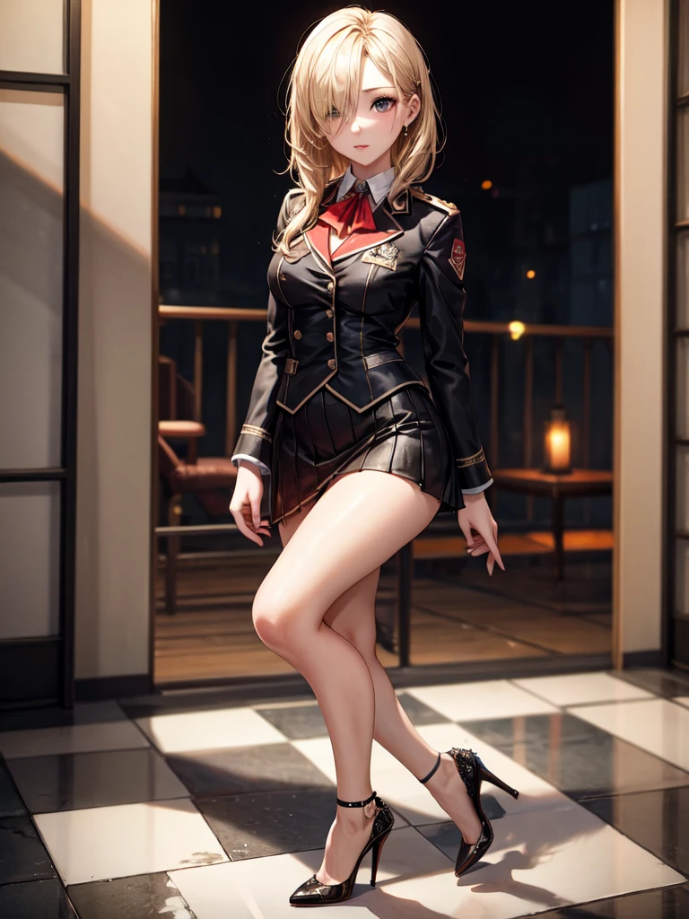 (masterpiece),Highest quality,masterpiece,Detailed Images,National flag,alone,20-year-old,Beautiful Face,(Upper Body),Hair on one eye,Medium Sidecut, Blonde, Sharp focus,Black and red uniform,Tight Skirt,(High heels:1.5),