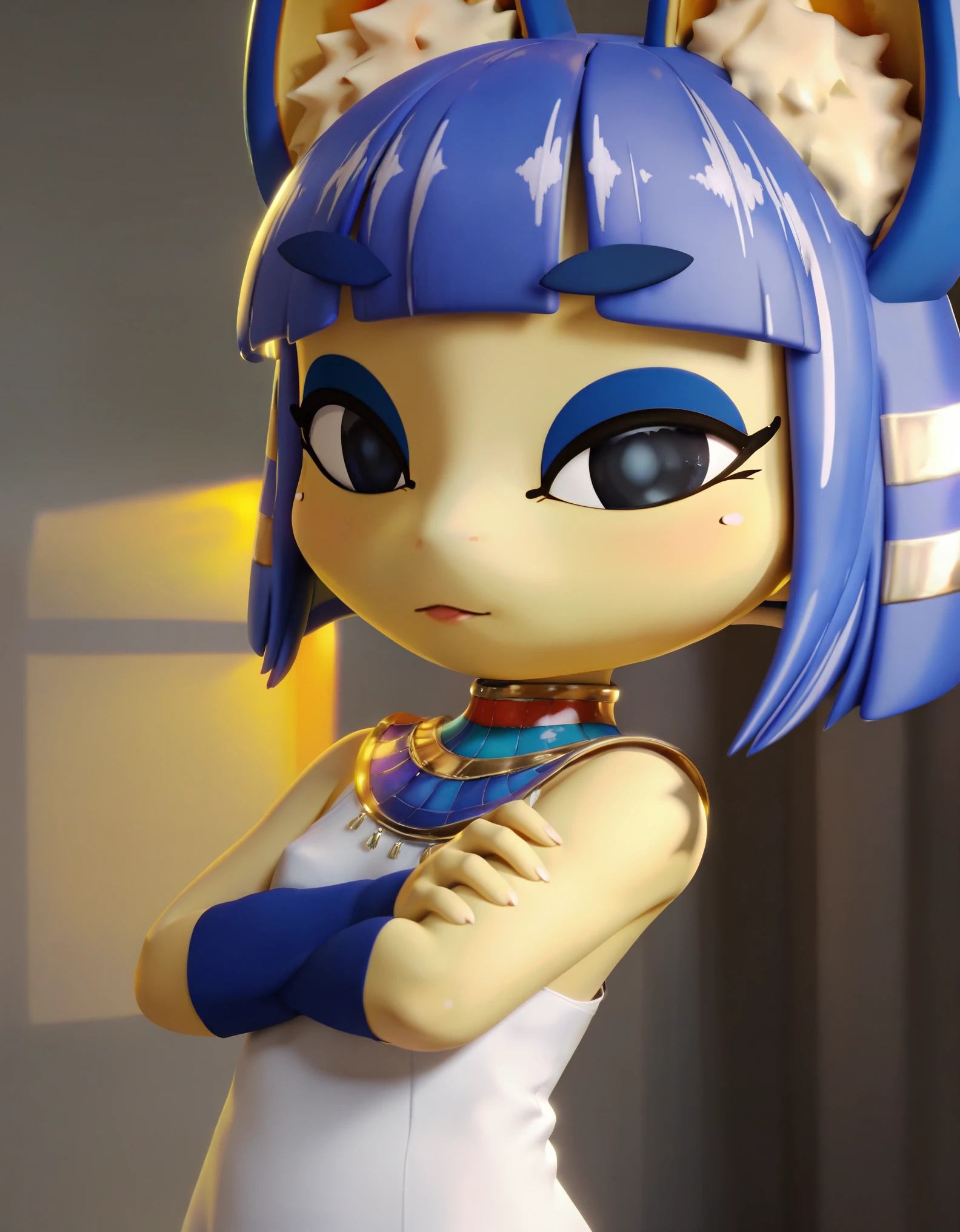 score_9, score_8_up, score_7_up, source_anime, 1girl, ankha \(animal crossing\), uploaded on e621, ((by Hyilpi, by Supplesee, by Dagasi, Animal Crossing)), solo ((chibi ankha \(animal crossing\))) with ((yellow body)) and (navy blue short hair) and (purple hypnotic eyes), (wear egyptian white dress, egyptian mythology, flat chested,:<, crossed arms), ((detailed fluffy fur)), (three-quarter portrait, looking at viewer, three-quarter view), BREAK (egyptian room, yellow wall, egyptian symbol), (starry, fog, mist) (detailed background, depth of field, half body shadow, sunlight, ambient light on the body), (digital painting \(artwork\), photoshop \(medium\), painttool sai \(medium\) (masterpiece, best quality, ultra realistic, 4k, 2k, (high detail), (3d \(artwork\)), blender \(software\), (soft focus), ray tracing, unreal engine, absurd res