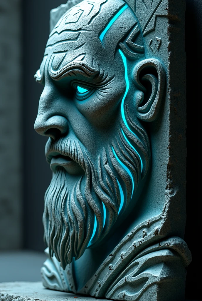 Create a stone sculpture of a Viking man&#39;s face in profile sculpture style with turquoise blue lights and tattoos