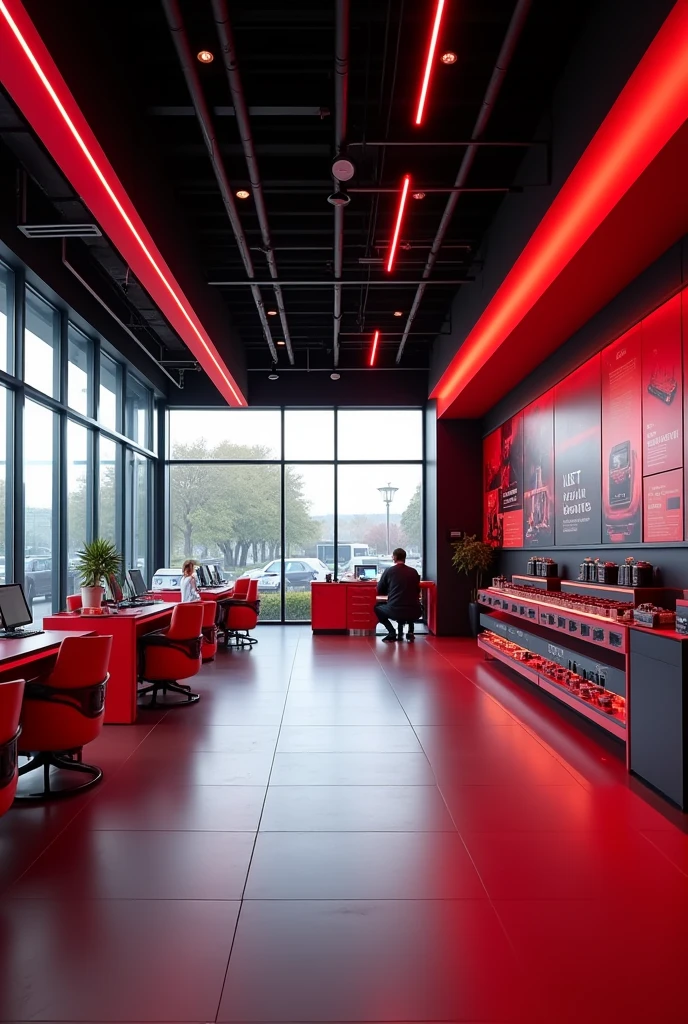 I want to open a business selling car batteries, that it is a modern place, that red and black colors predominate, with posters on the walls, with little glass I want a view outside the business