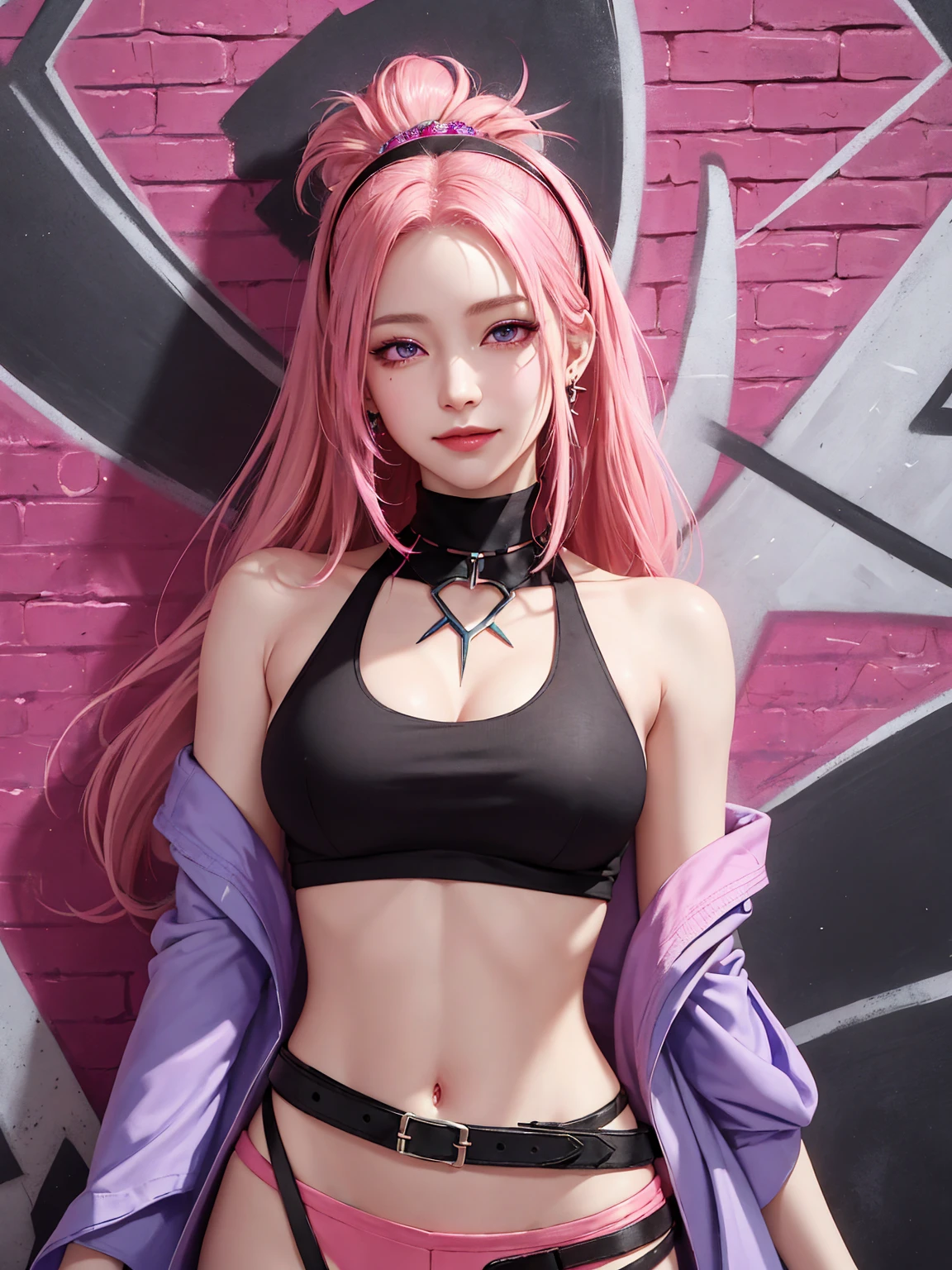 (Masterpiece, best quality, 1 girl, alone, complicated details, Chromatic aberration), realistic, ((Moderate breath)),long hair, pink hair, Red headpiece, Pink Highlights, hair on one eye,purple eyes, earring, sharp eyes, choker, Neon coat, She wears a collar, bangle, and kimono style garters., crop top, (symmetrical eyes),(Perfect symmetrical body),against the wall, Brick wall, (colorful graffiti words on the wall:1.2), The light is dim., alley ,Look at the viewer.、Dig the chest、smile、(sleeveless、Navel touch、Fitted turtleneck.)、street string hot pants、Thin bottom、Please build above the eaves..、Thin shoulders、