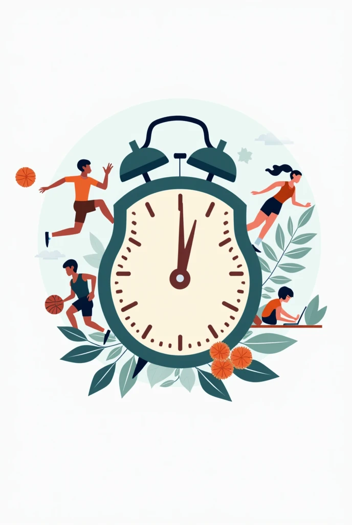 Create a simple logo whose main image is a clock and surrounded by pictures of sports action, sleep time and study time