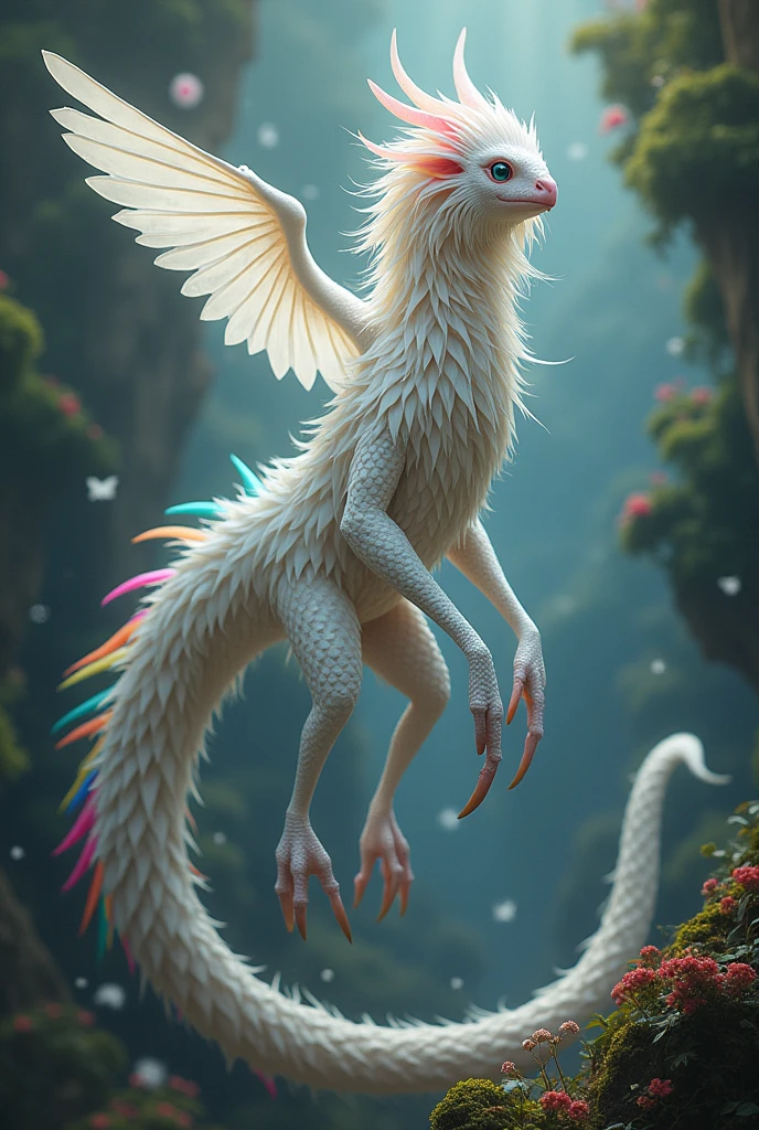 white ornio with colored hair. two tails, three eyes and one wing