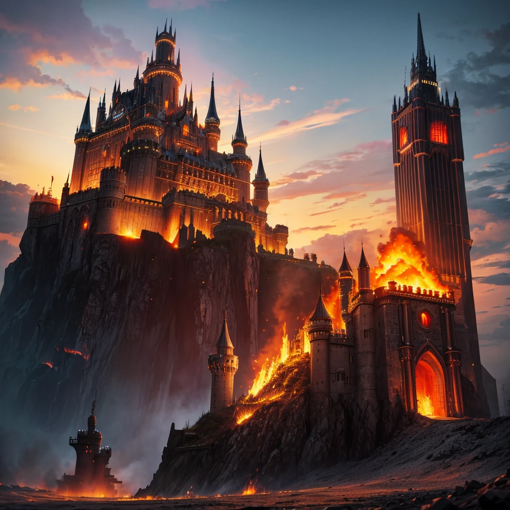 Giant castle with tower in dieselpunk style castle made of black metal with Japanese and German style and the castle is gigantic in a volcanic land with fire,magma voncanes 