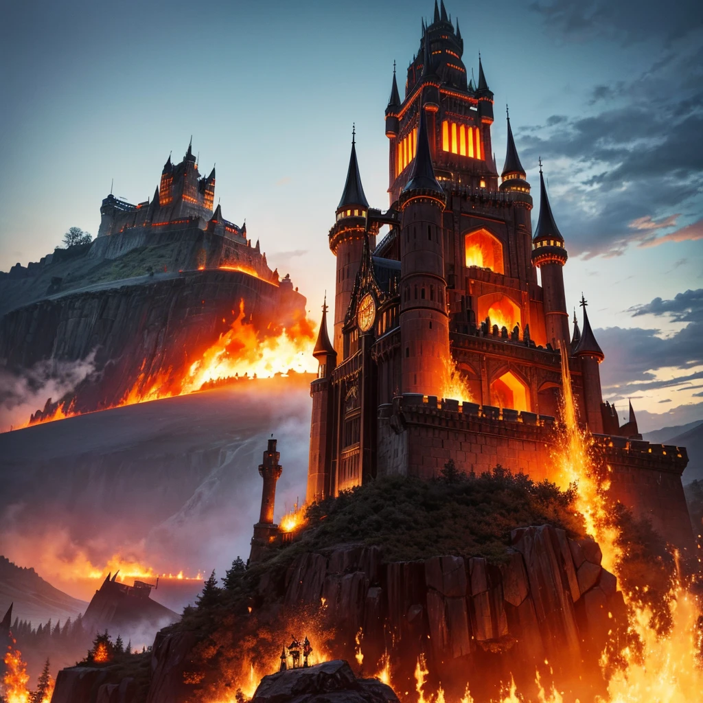 Giant castle with tower in dieselpunk style castle made of black metal with Japanese and German style and the castle is gigantic in a volcanic land with fire,magma voncanes