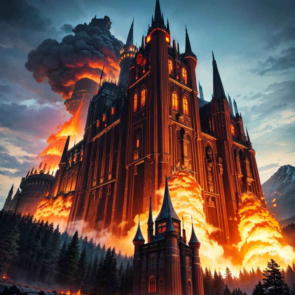 Giant castle with tower in dieselpunk style castle made of black metal with Japanese and German style and the castle is gigantic in a volcanic land with fire,magma voncanes