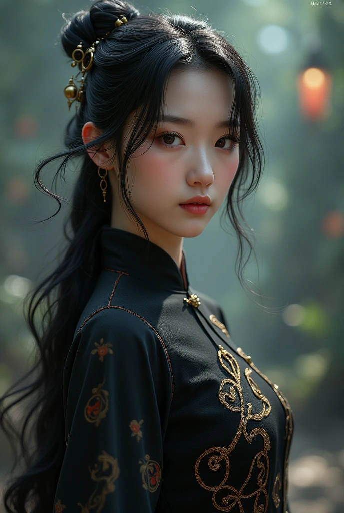 Ultra-high resolution, Clear face, （Reality： 1.4）, perfect lighting,(photorealistic), anime wallpaper, Guviz style artwork, fantasy to magic cover, beautiful artwork illustration, beautiful digital artwork, beautiful digital illustration , beautiful portraits, illustrations, delicate and beautiful, highly detailed, fine details, official art, highly detailed unity 8k CG wallpapers, highly detailed, high resolution, highly detailed, highly detailed eyes and faces, beautifully detailed eyes, cinematic lighting, 25 year old woman,1girl, solo, long hair, black hair, hair ornament, Chinese dress, black dress, cheongsam ,absudres, standing, (full body), photo realistic:1.5, (looking at viwer:1.3), (Realistic woman), (Nine-tailed fox tail:1.5),