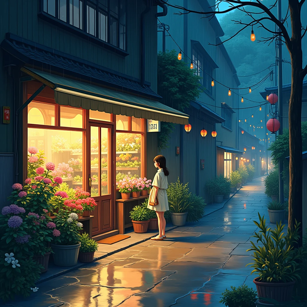 City flower shop, potted plants, flower, rainny night,water reflection puddle,oriental design, hanging lights , digital painting, sunset,wind up,concept art, illustration, intricate, many people, hanging lights, happy, beautiful colorful light, flower, plants ((tileset)) Anime - City street style scene, a woman waiting in front of a store, anime background art, detailed scenery - width 672, anime landscape concept art, anime style cityscape, Studio Ghibli anime style, Studio Ghibli art style, Studio Ghibli program, anime landscape, Studio Ghibli art style, Landscape artwork, Beautiful anime landscape, Forest city street, Ghibli art style, cake shop, cake shop, bakery cake shop, Makoto Shinkai style, Makoto Shinkai anime, Shinkai Makoto art style