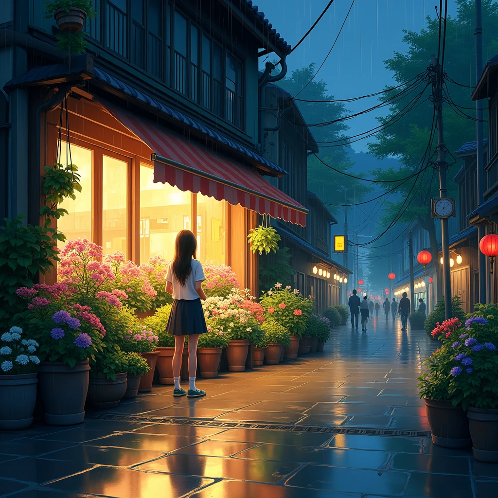 City flower shop, potted plants, flower, rainny night,water reflection puddle,oriental design, hanging lights , digital painting, sunset,wind up,concept art, illustration, intricate, many people, hanging lights, happy, beautiful colorful light, flower, plants ((tileset)) Anime - City street style scene, a woman waiting in front of a store, anime background art, detailed scenery - width 672, anime landscape concept art, anime style cityscape, Studio Ghibli anime style, Studio Ghibli art style, Studio Ghibli program, anime landscape, Studio Ghibli art style, Landscape artwork, Beautiful anime landscape, Forest city street, Ghibli art style, cake shop, cake shop, bakery cake shop, Makoto Shinkai style, Makoto Shinkai anime, Shinkai Makoto art style