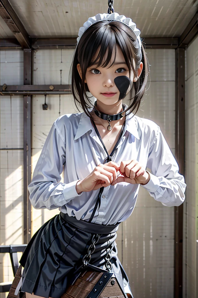 Browsing Caution,(最high quality:1.2), 32k HDR, High resolution,(Japanese women),(Transparent white skin)、Dynamic pose,Long shot of a beautiful dark-haired girl, torture, A room in a love hotel,(Short tight skirt:1.3,Checked Skirt), (Put on a shirt:1.3), Beautifully illuminated, basement , Dramatic composition, epic scale, sense of awe, 超High resolution.Realistic:.1.4, (High resolutionの肌:1.2), 8k is, Digital single-lens reflex camera, high quality, Film Grain, Fujifilm XT3,(Riding a wooden horse:1.2,Straddling a wooden horse:1.2),(Nose hook:1.2),(The body is constrained with rope:1.2),(Collar can be attached with a chain:1.4),(Both hands are tied to the ceiling with rocks:1.4),Maid, Maid headdress, Maid apron, victorian Maid, Maid dress,, mksks style, Beautiful background, Detailed Background, professional lightning, building, indoor, From Kane ornament, From Kane, From Kane effects,Tied up with rope,Bondage,constrained,Round 1,rock,Full Body ,((Round 1 with lead)),(A girl tied to rock),Women in ecstasy,climax,Acme,
