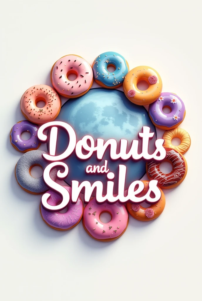 
"Logo featuring the word &#39;Donuts and Smiles&#39; in large, elegant letters, with a modern and fun style. The text is white or cream and written in Spanish., with a thin outline of intense color such as red or violet with a semi-realistic image of the moon, superimposed on a circular design. La luna es de color azul claro o purple suave. Both elements are linked by a donut design that forms a circle around the word &#39;Donuts and Smiles&#39;.
The donuts are designed in a stylized manner, with pastel colors like blue, purple, Orange and yellow. Each donut has a unique design, with frosting and decorations that blend with the moon.
More realistic and elegant 

