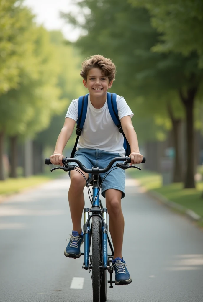 A student wearing denim shorts is riding a bicycle