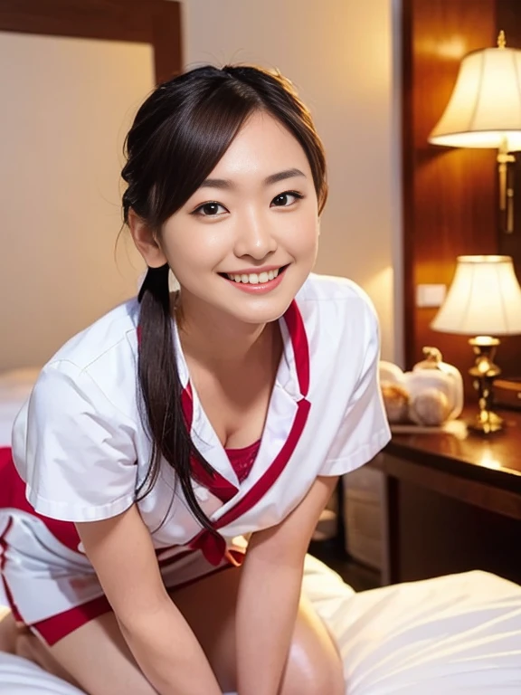 (Masterpiece, Best quality: 1.4), (Ultra realistic, Photo-realistic: 1.2), Full body, (kneeling: 1.3), Looking at viewer, Natural light, 25 years old registered nurse, Japanese women, (arms behind back: 1.2), Neat and clean, (nurse uniform:1.2), (Short ponytail: 1.2), Short wavy hair, Light brown hair color, (Beautiful Face), Oval face, clear, (Beautiful eyes, Kind eyes), (Clear skin), Small face, (Small mouth, Beautiful mouth), Natural makeup, Approachable, Luxury hotel Suite room, On bed, Seductive smile, Seductive pose, Beautiful thighs, Bedroom eyes,