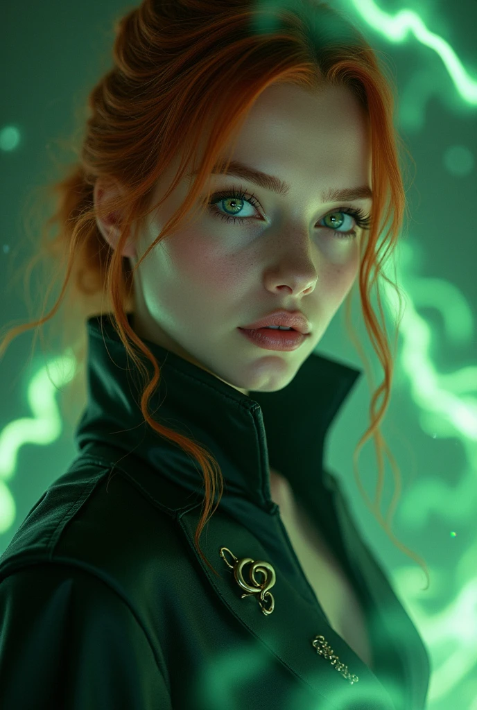 Photograph of a 16 year old girl, perfect face, masterpiece, Villain clothes, Madelyn Pyro marvel, redhead, green eyes, weapon , green aura / purple.