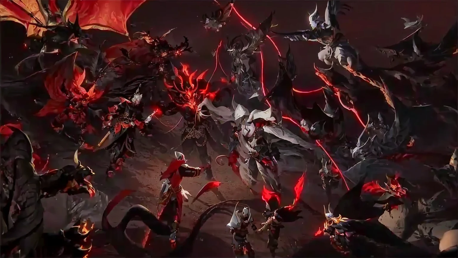 There are many different types of demonic creatures in this image, by Lisa Nankivil, the final battle in hell, infernal art in good quality, Onmyoji detailed art, Background Air Battle, background of hell, omen of valorant, dota 2 concept art, valve promotional art, pyre, death and robots two in the void, Onmyoji