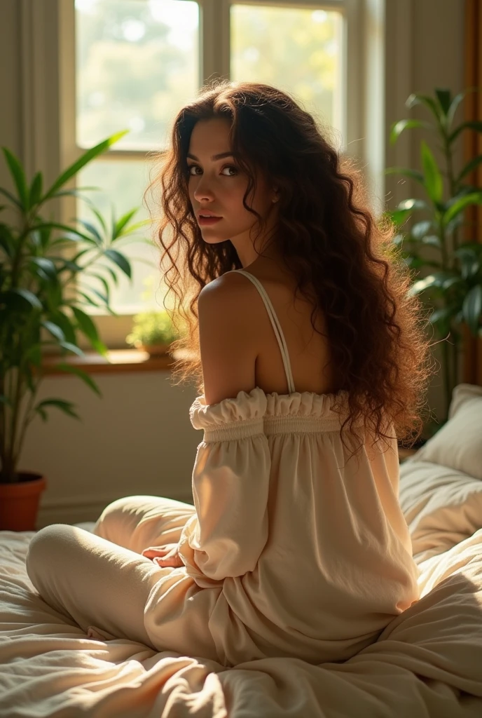 (photorealism:1.2), beautiful woman, sitting on bed, wearing loose off-shoulder top, pajama pants, long curly hair, indoors, soft lighting, plants in background, window with sunlight, cozy room, relaxed pose, realistic, intricate details, warm colors, by Greg Rutkowski, by Alphonse Mucha