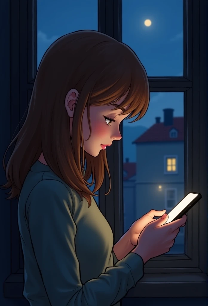 Witch's Delivery Service,Girl playing with mobile phone by the window,brown hair of medium length,Upper body,Sad,Ghibli style,Background on life in Croatia,night,The light outside the window was dim.,