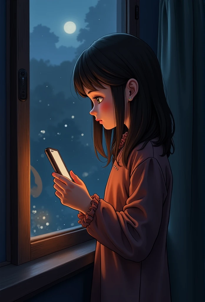 Witch's Delivery Service,Girl playing with mobile phone by the window,brown hair of medium length,Upper body,Sad,Ghibli style,Background on life in Croatia,night,The light outside the window was dim.,