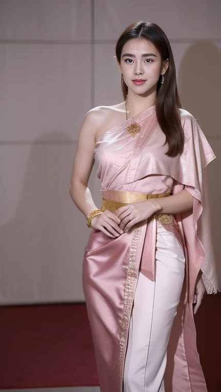 (RAW photos:1.2), (realistic:1.4), (Masterpiece:1.3), (best quality:1.4), Ultra high resolution, (Detailed eyes), (Detailed facial features), (Pink clothing features, The pink sarong has detailed gold patterns.), HDR, 8K resolution, focus only, Dressing according to Thai tradition, Traditional shawl , 1. A woman with a very beautiful face. , White, smooth skin with big breasts, A gigantic rift, Big breasts push up clothes, big breast, Breasts are fully grown., small waist, Long legs, Facing the audience, full body, depth of field, Cinema-grade lighting system