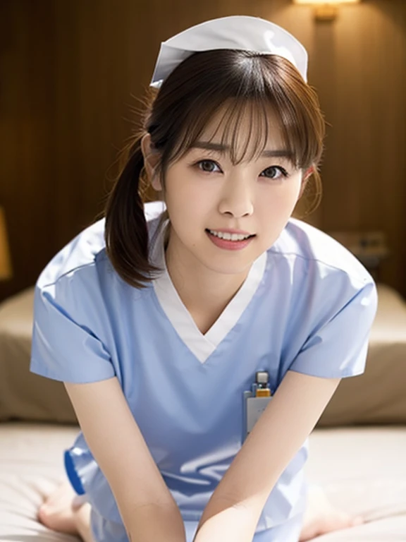 (Masterpiece, Best quality: 1.4), (Ultra realistic, Photo-realistic: 1.2), Full body, (kneeling: 1.3), Looking at viewer, Natural light, 25 years old registered nurse, Japanese women, (arms behind back: 1.2), Neat and clean, (nurse uniform:1.2), (Short ponytail: 1.2), Short wavy hair, Light brown hair color, (Beautiful Face), Oval face, clear, (Beautiful eyes, Kind eyes), (Clear skin), Small face, (Small mouth, Beautiful mouth), Natural makeup, Approachable, Luxury hotel Suite room, On bed, Seductive smile, Seductive pose, Beautiful thighs, Bedroom eyes,