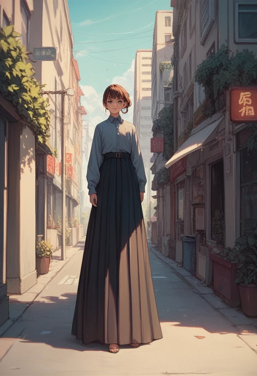 Girl, wearing  long skirt , skirt is very long ,long dress ,street,standing ,anime,full body