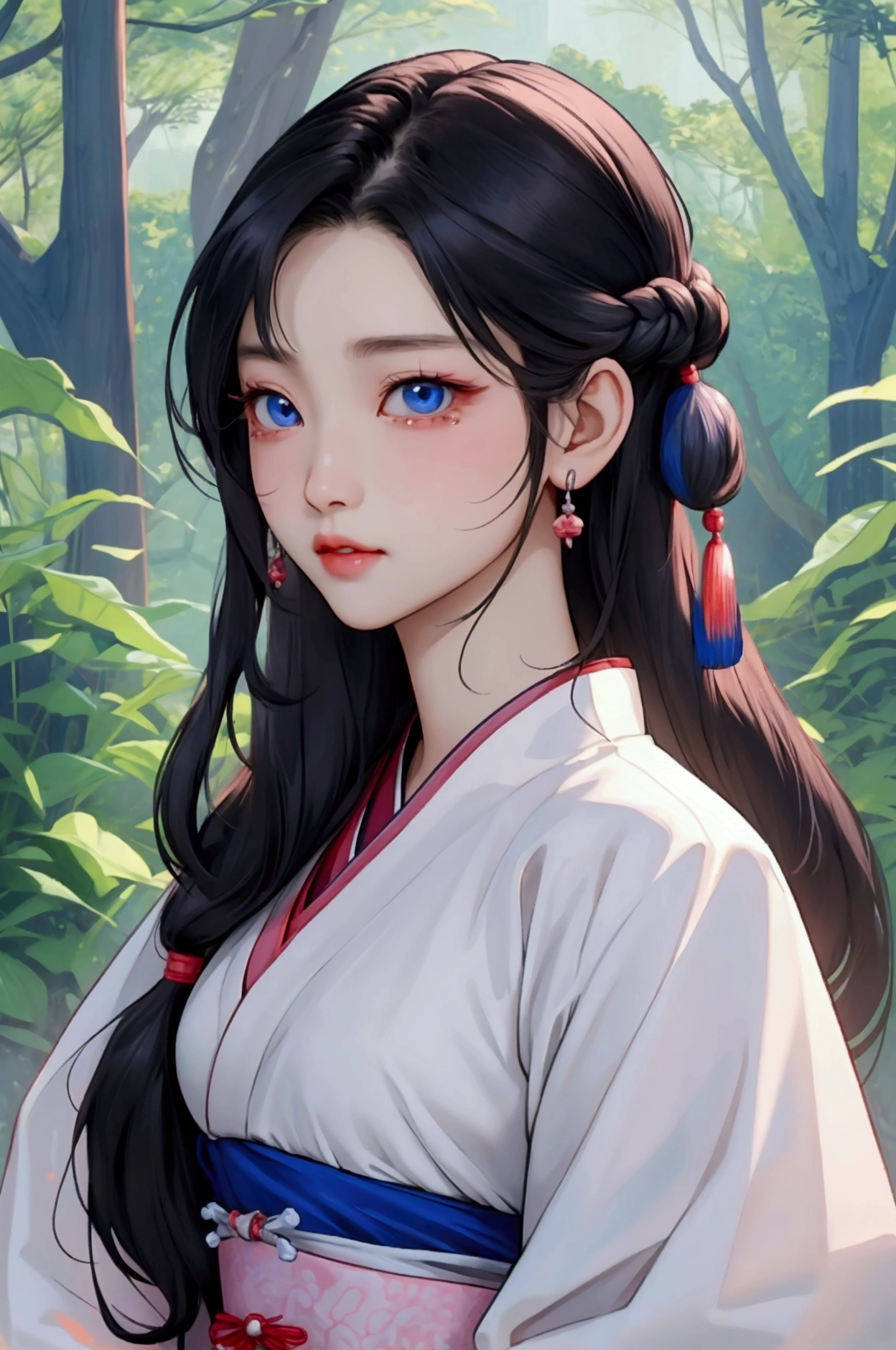 (Highest quality、 8k 、masterpiece、High resolution)、(Chinese Drama、Changgexing、Li Changge、Dililaba)、Tang Dynasty、Changan、1 Female、Beautiful young person、blue eyes、Pretty lips、A single tear、Light colored long hair、Light pink Hanfu、Twilight Forest、古いChanganの街並み、Official Art、Detailed CG、