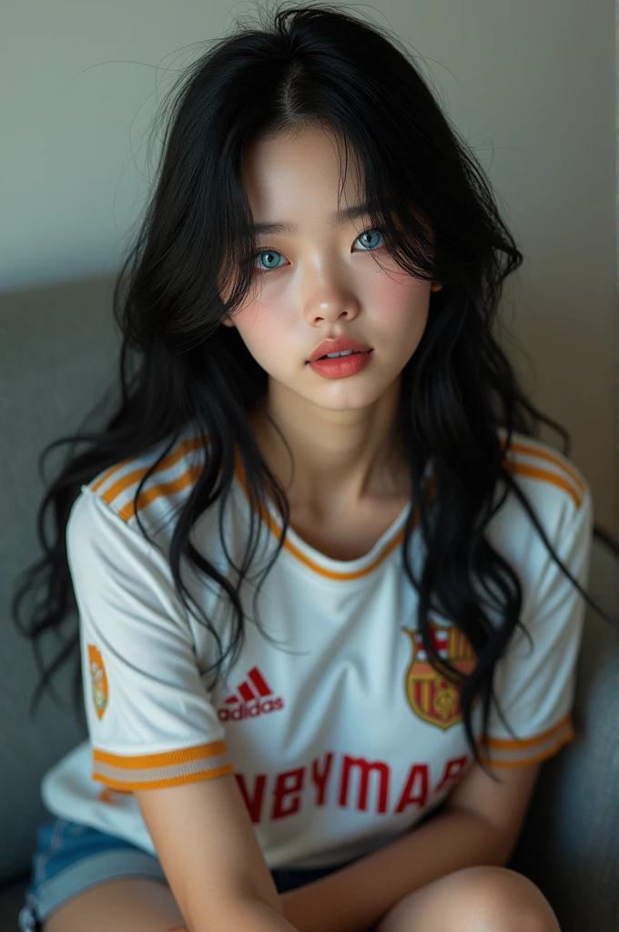 19 year old Asian girl, with outstanding beauty, bright blue eyes, and a perfect face like each of her features, face inspired by singer Billie Eilish, long shiny black hair, pale skin and thick, shiny lips, sitting on the couch, wearing a short Brazilian soccer team shirt that says "Neymar"