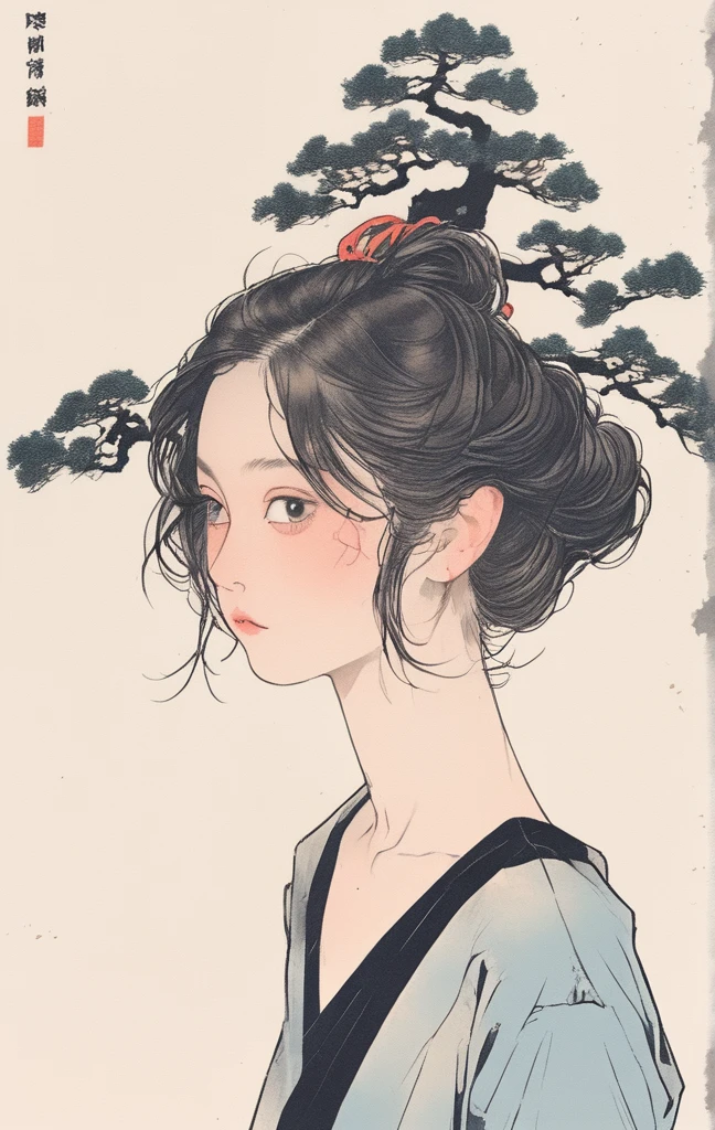 A girl wearing a T-shirt with a bonsai design