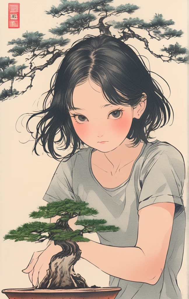 A girl wearing a T-shirt with a bonsai design