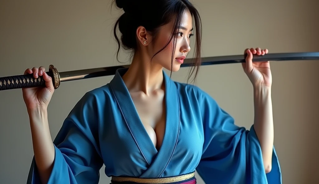 beautiful japanese woman with big breasts in revealing blue kimono and katana, осень