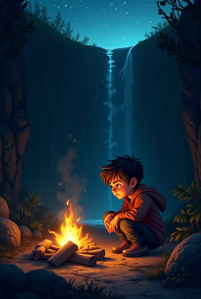At night time,a boy inside a large hole and ther is a leader for escape from that. But first 4 steps are missing  and  he made a campfire . for reducing cold and he is sitting near to that 