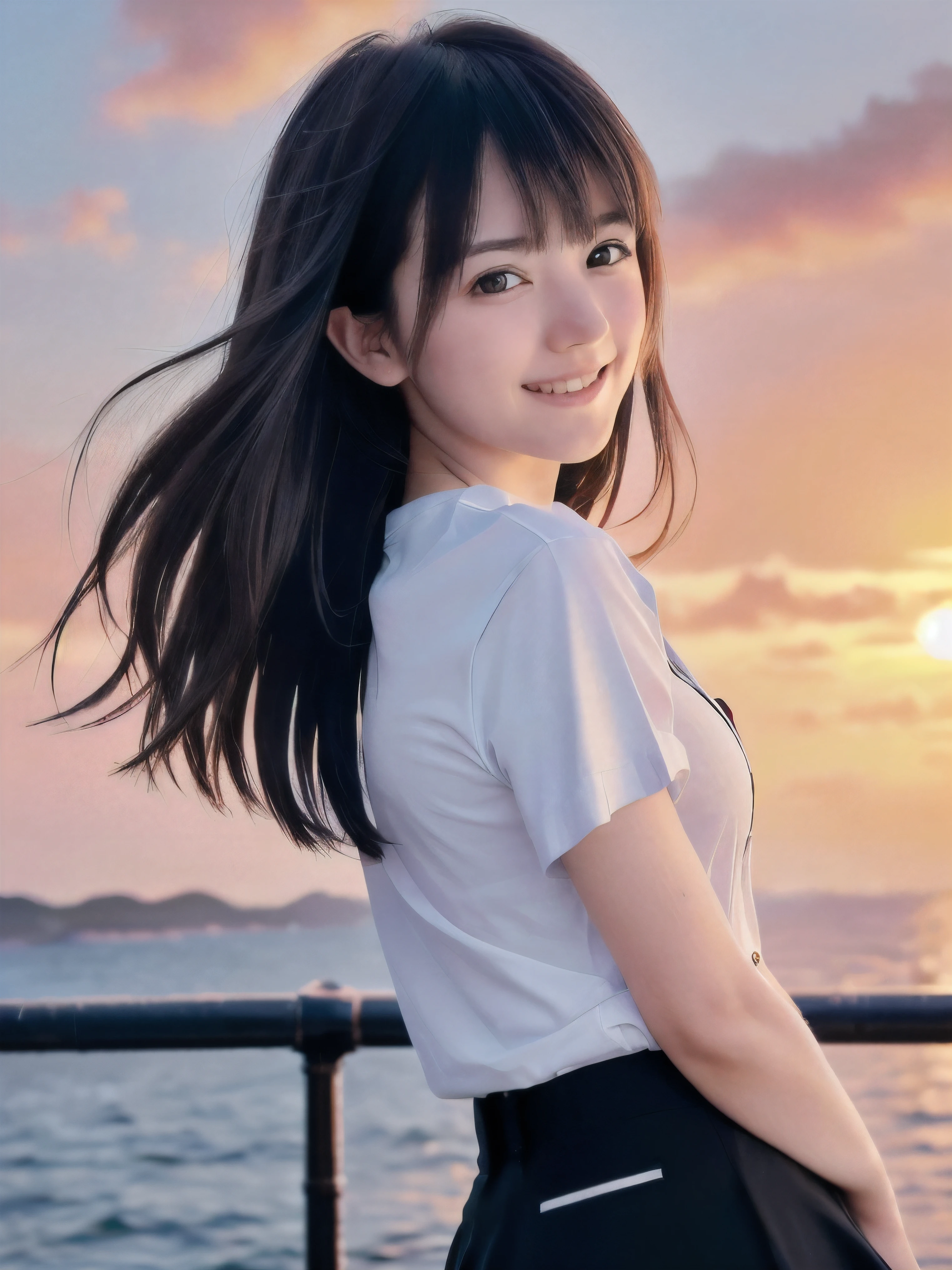 (Close up face shot of slender small-breasted two side up black medium hair with bangs girl wearing a white T-shirt only:1.5)、(One girl is looking back crying smile face with tears on the coast in Japan:1.5)、(Beautiful sunset red sky with red big cloud:1.5)、(blurred background:1.5)、(Natural light:1.5)、(8k ultra detailed master piece:1.5)、(perfect anatomy:1.5)、(Photorealistic stick:1.5)、(Raw photo:1.3)、(highest quality:1.5)、(High resolution:1.3)、(Delicate and beautiful perfect face:1.3)、(Delicate and beautiful eye air skin:1.3)、(Real Human Skin:1.3)、((thin legs))