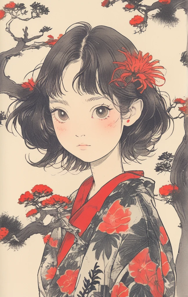 A girl wearing a T-shirt with a bonsai design