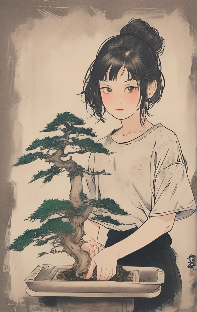 A girl wearing a T-shirt with a bonsai design